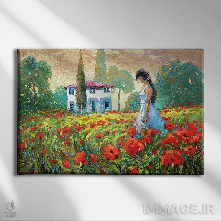 تابلو دختر و شقایقها اثر دمیتری اسپیروس - نمای روبهرو روی دیوار