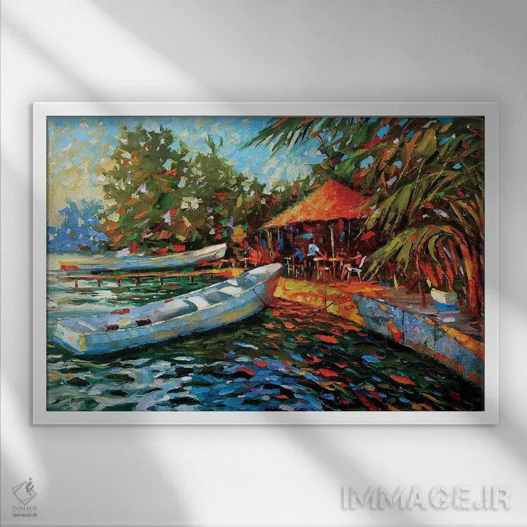 تابلو عصر. شام خوردن در جزیره اثر دمیتری اسپیروس - نمای قابدار سفید