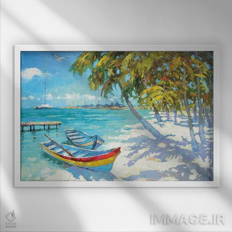 تابلو قایقهای ماهیگیری در ساحل اثر دمیتری اسپیروس - نمای قابدار سفید