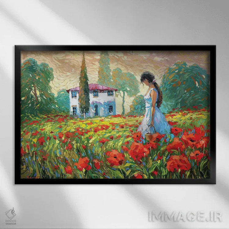 تابلو دختر و شقایقها اثر دمیتری اسپیروس - نمای قابدار مشکی