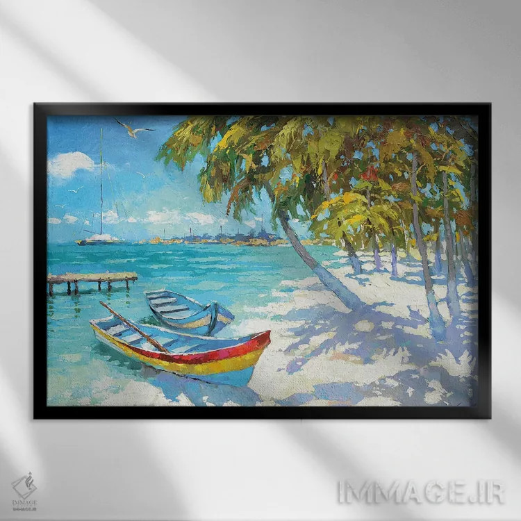 تابلو قایقهای ماهیگیری در ساحل اثر دمیتری اسپیروس - نمای قابدار مشکی