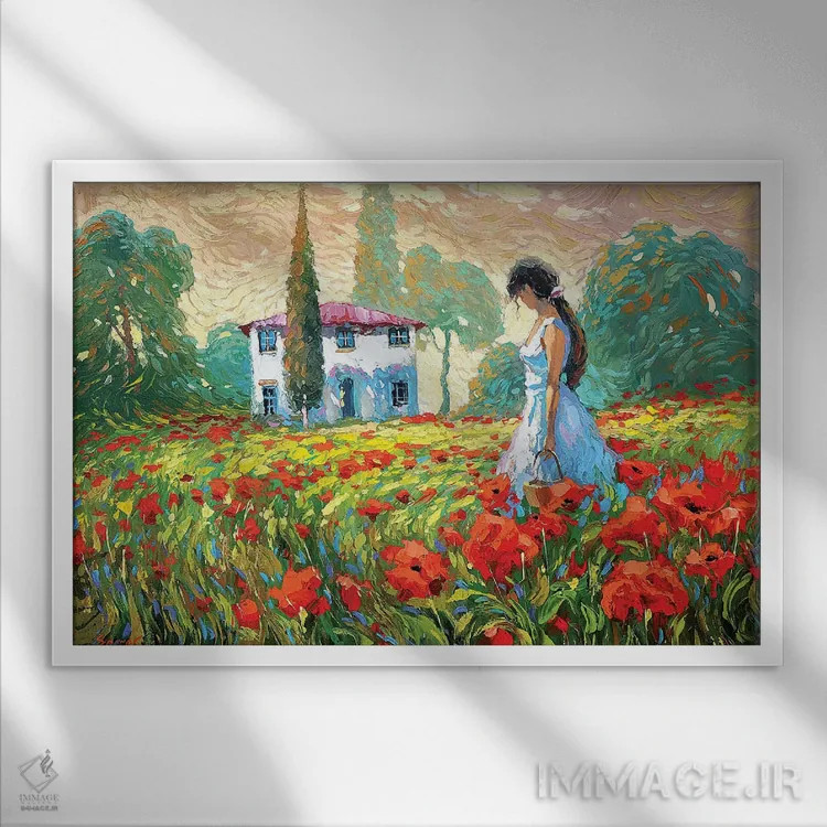 تابلو دختر و شقایقها اثر دمیتری اسپیروس - نمای قابدار سفید