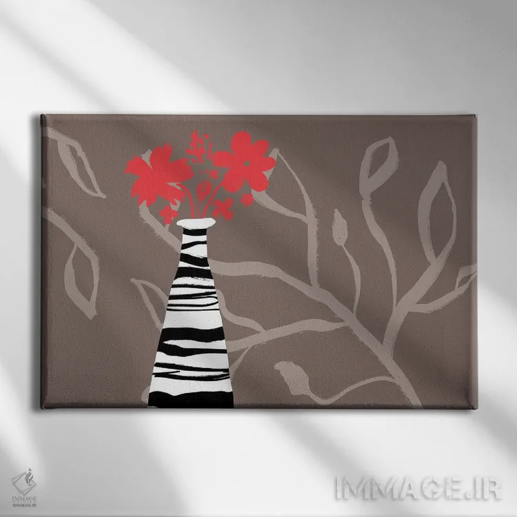 تابلو گلهای قرمز در گلدان راهراه اثر دلورس ناسکرنت - نمای روبهرو روی دیوار