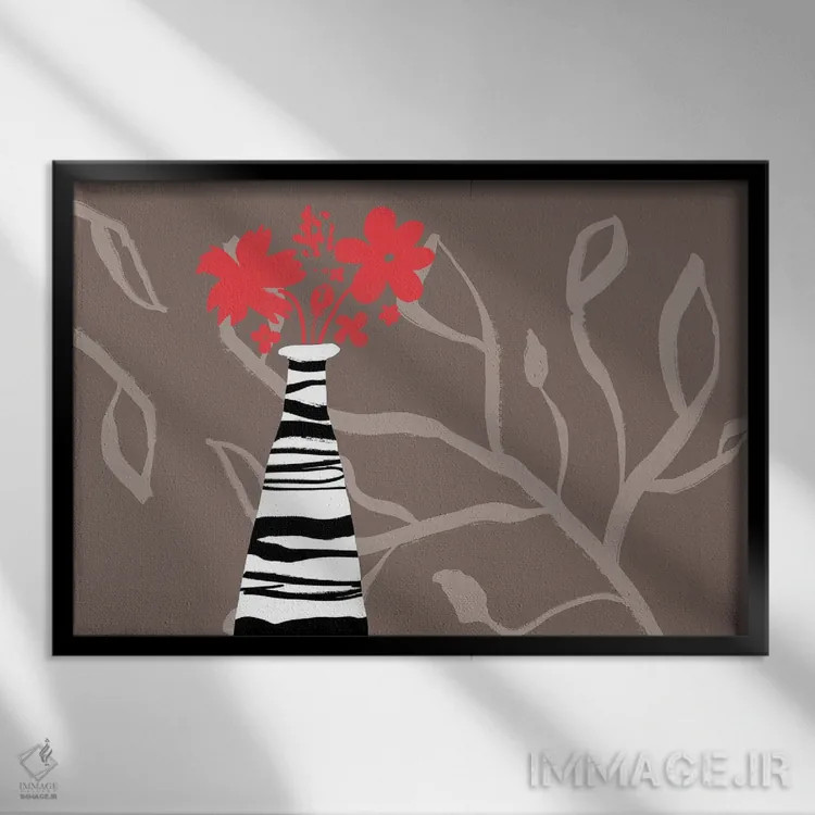 تابلو گلهای قرمز در گلدان راهراه اثر دلورس ناسکرنت - نمای قابدار مشکی