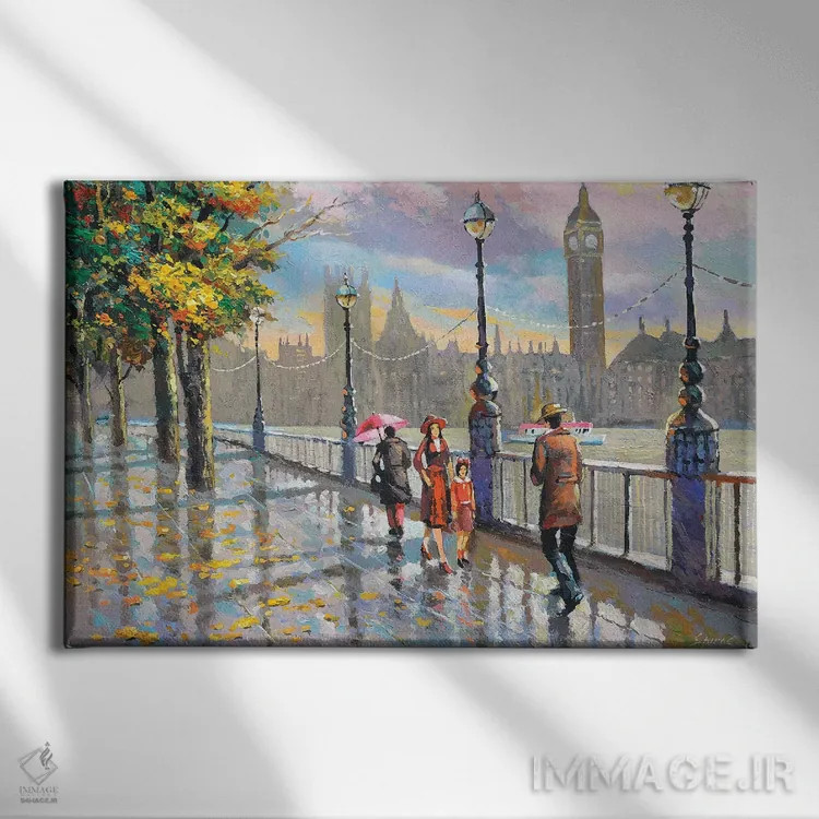 تابلو لندن بارانی (انگلیس) اثر دمیتری اسپیروس - نمای روبهرو روی دیوار