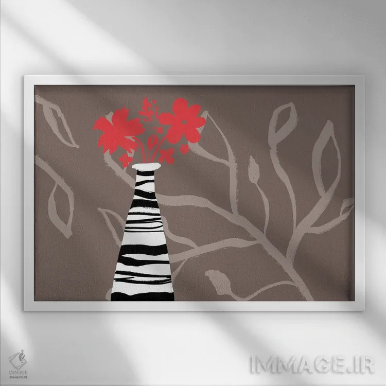 تابلو گلهای قرمز در گلدان راهراه اثر دلورس ناسکرنت - نمای قابدار سفید