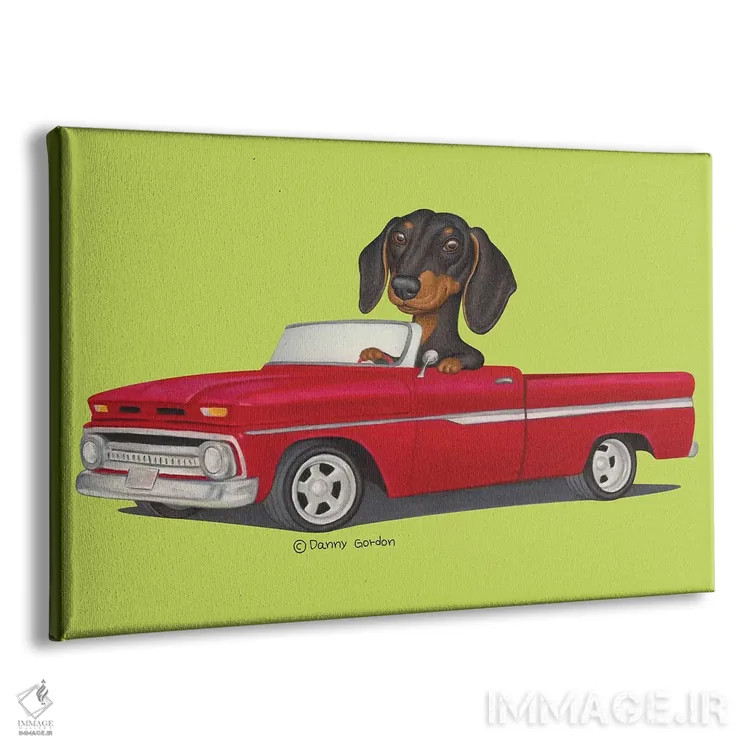 تابلو داشهوند با کامیون قرمز و لیمویی اثر دنی گوردون - نمای پرسپکتیو محصول