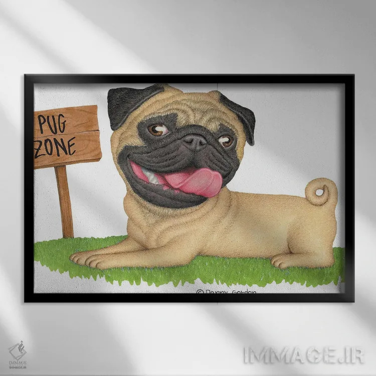 تابلو پاگ روی چمن اثر دنی گوردون - نمای قابدار مشکی