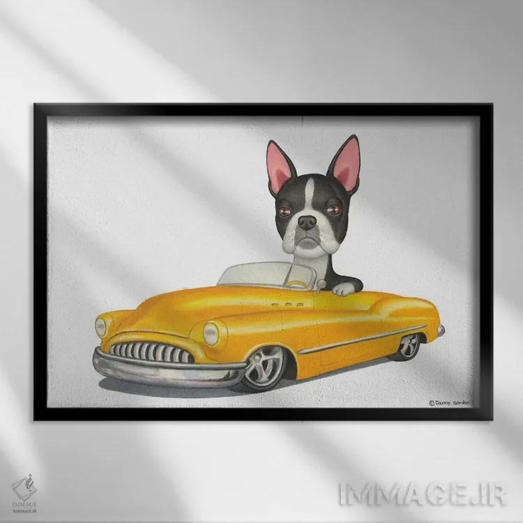 تابلو تریر بوستون با ماشین زرد اثر دنی گوردون - نمای قابدار مشکی