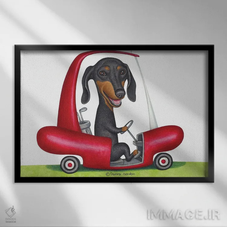 تابلو داشهوند سیاه در ماشین گلف اثر دنی گوردون - نمای قابدار مشکی