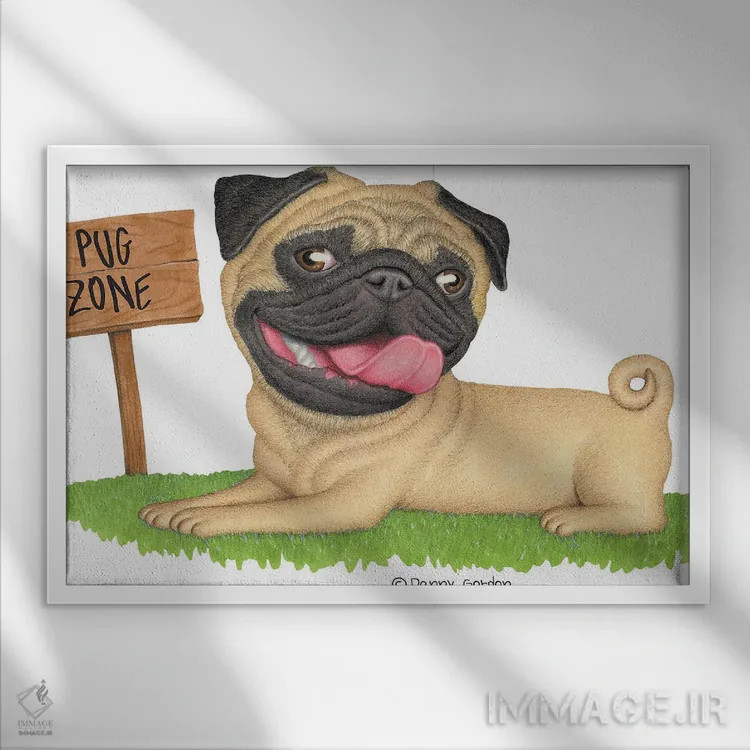 تابلو پاگ روی چمن اثر دنی گوردون - نمای قابدار سفید