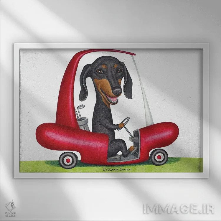 تابلو داشهوند سیاه در ماشین گلف اثر دنی گوردون - نمای قابدار سفید