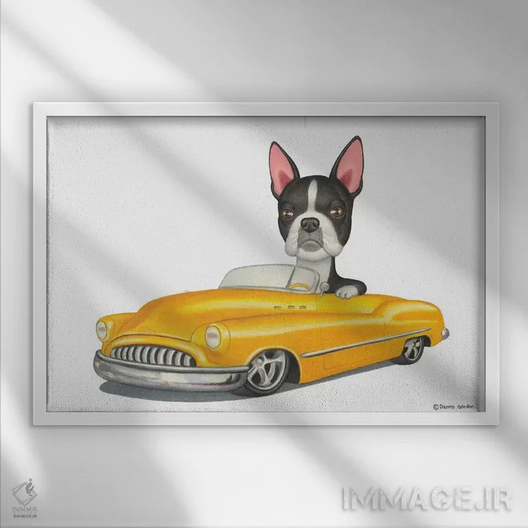 تابلو تریر بوستون با ماشین زرد اثر دنی گوردون - نمای قابدار سفید
