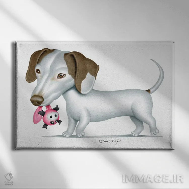 تابلو داشهوند سفید در حال راه رفتن اثر دنی گوردون - نمای روبهرو روی دیوار