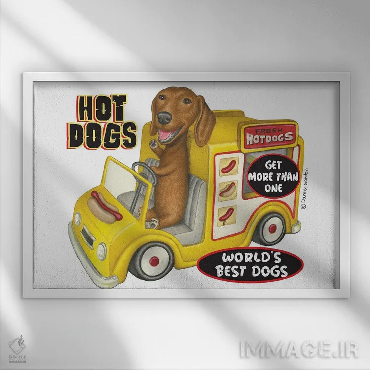 تابلو داشهوند در کامیون زرد هاتداگ اثر دنی گوردون - نمای قابدار سفید