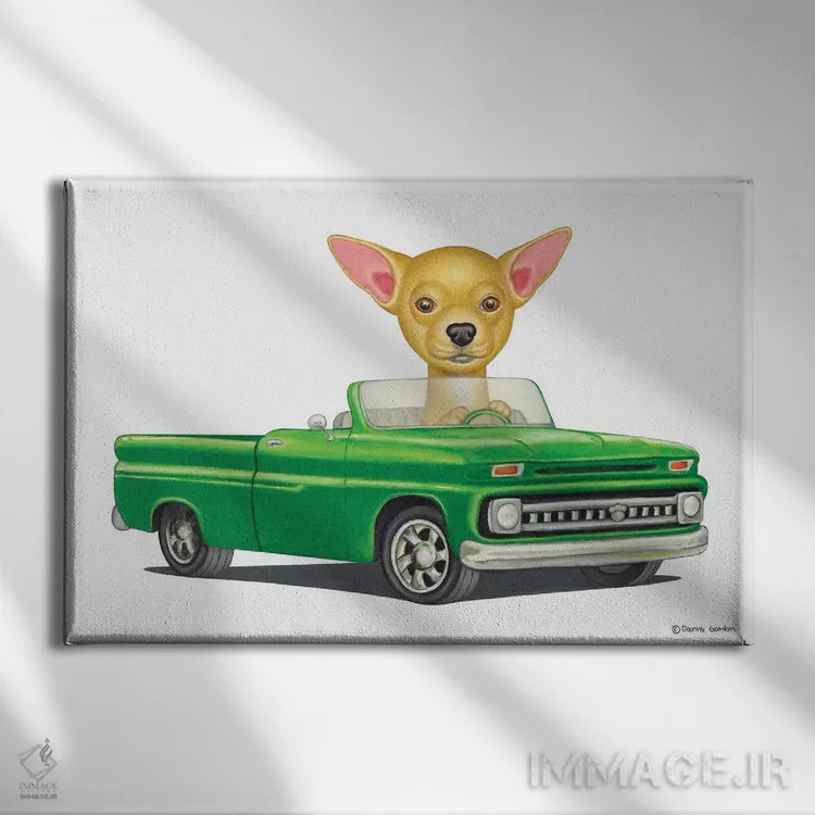 تابلو چیهواهوا در ماشین سبز اثر دنی گوردون - نمای روبهرو روی دیوار