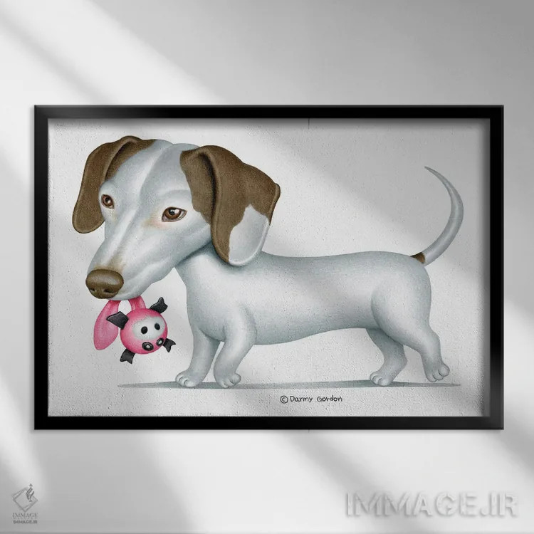 تابلو داشهوند سفید در حال راه رفتن اثر دنی گوردون - نمای قابدار مشکی
