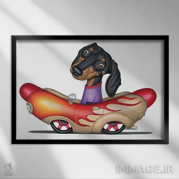 تابلو خودروی سوسیس آتشین لندیس (مدل وینر) اثر دنی گوردون - نمای قابدار مشکی