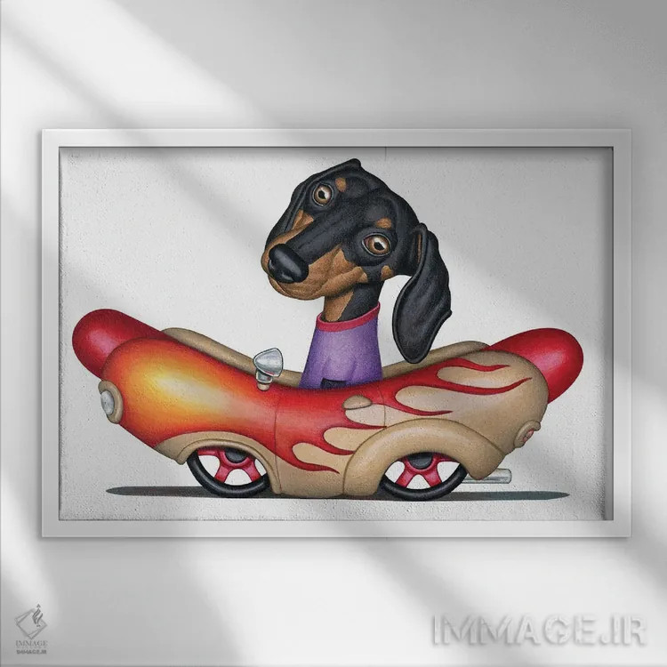 تابلو خودروی سوسیس آتشین لندیس (مدل وینر) اثر دنی گوردون - نمای قابدار سفید