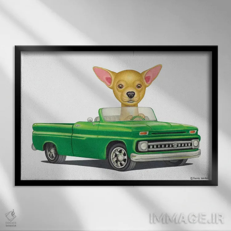 تابلو چیهواهوا در ماشین سبز اثر دنی گوردون - نمای قابدار مشکی