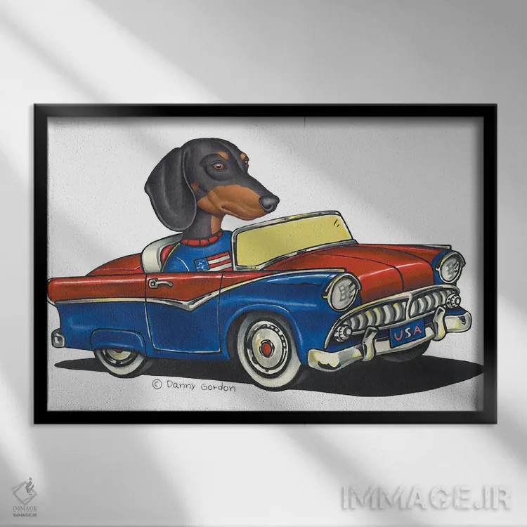 تابلو داشهوند در ماشین آمریکایی I اثر دنی گوردون - نمای قابدار مشکی