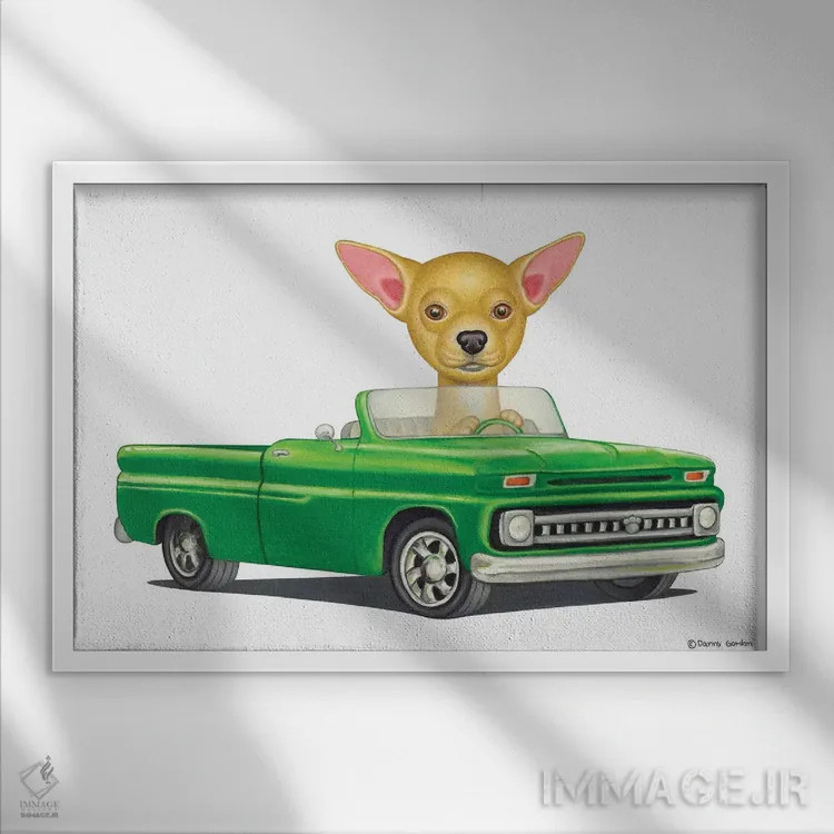 تابلو چیهواهوا در ماشین سبز اثر دنی گوردون - نمای قابدار سفید
