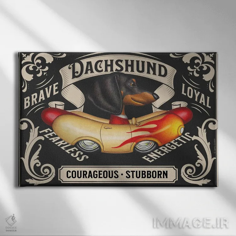 تابلو تمبر افقی داشهوند مشکی در خودروی سوسیسی شعلهدار اثر دنی گوردون - نمای روبهرو روی دیوار