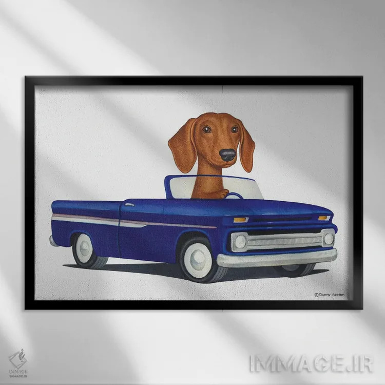 تابلو داشهوند در ماشین آبی اثر دنی گوردون - نمای قابدار مشکی