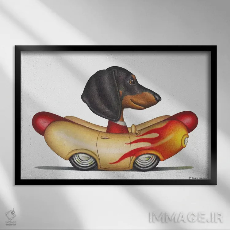 تابلو داشهوند در خودروی وینرموبیل شعلهدار اثر دنی گوردون - نمای قابدار مشکی