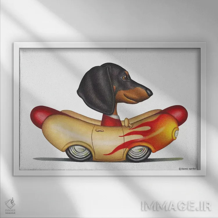 تابلو داشهوند در خودروی وینرموبیل شعلهدار اثر دنی گوردون - نمای قابدار سفید