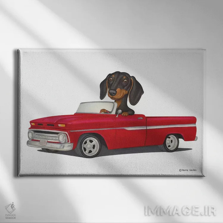 تابلو داشهوند در ماشین قرمز اثر دنی گوردون - نمای روبهرو روی دیوار