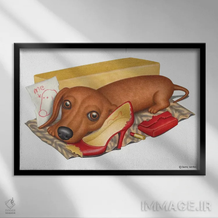 تابلو داشهوند با پرتره از خودش اثر دنی گوردون - نمای قابدار مشکی