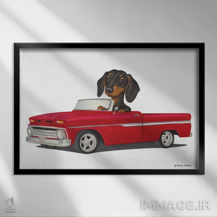 تابلو داشهوند در ماشین قرمز اثر دنی گوردون - نمای قابدار مشکی