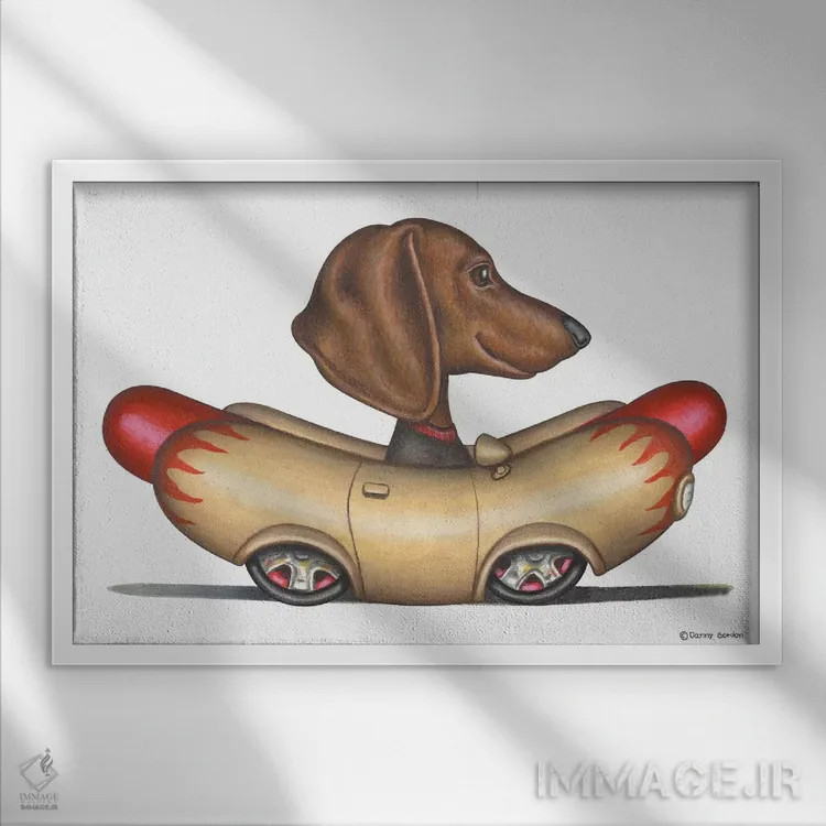 تابلو داشهوند در خودروی سوسیسی (وینرموبیل) اثر دنی گوردون - نمای قابدار سفید