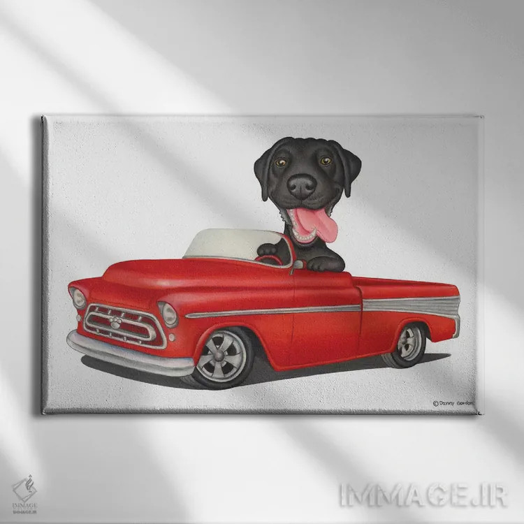 تابلو لابرادور رتریور در ماشین قرمز اثر دنی گوردون - نمای روبهرو روی دیوار