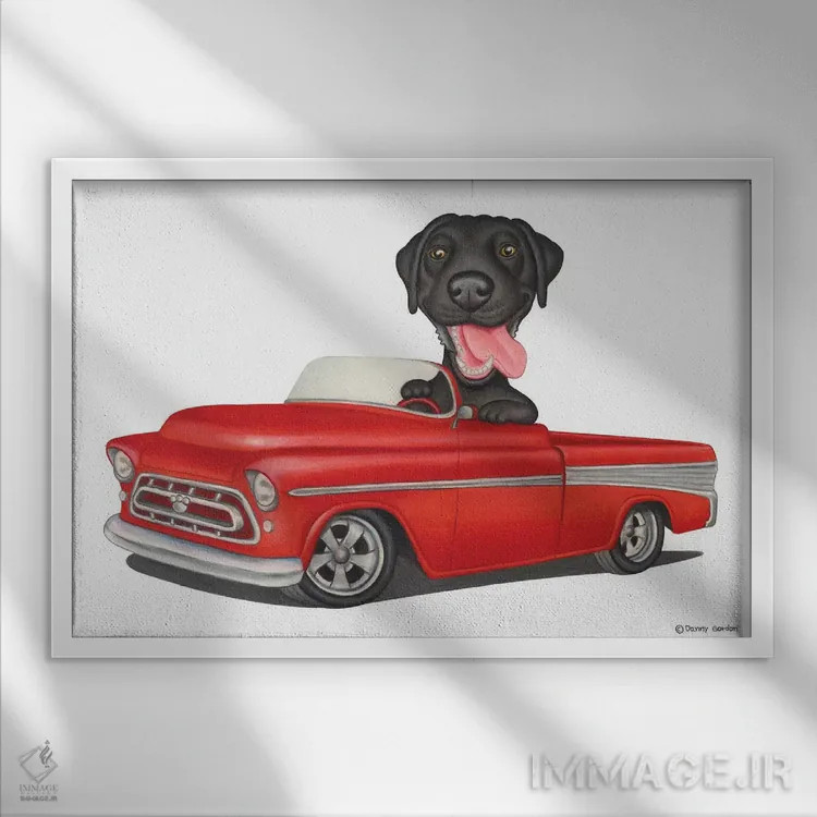 تابلو لابرادور رتریور در ماشین قرمز اثر دنی گوردون - نمای قابدار سفید