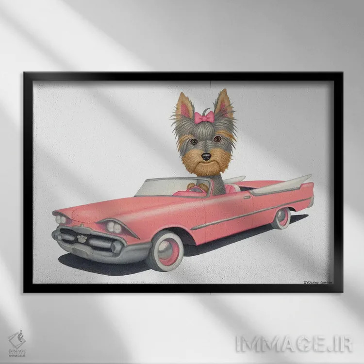 تابلو یورکشایر تریر با ماشین صورتی اثر دنی گوردون - نمای قابدار مشکی