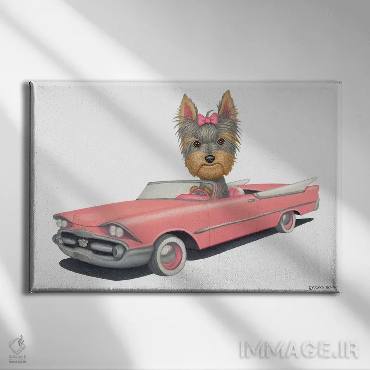 تابلو یورکشایر تریر با ماشین صورتی اثر دنی گوردون - نمای روبهرو روی دیوار