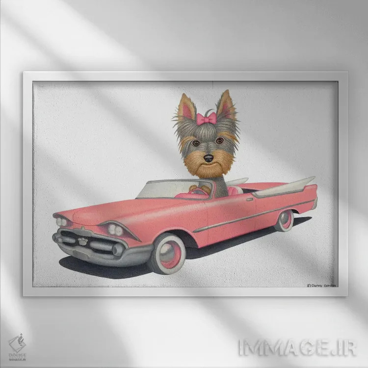 تابلو یورکشایر تریر با ماشین صورتی اثر دنی گوردون - نمای قابدار سفید