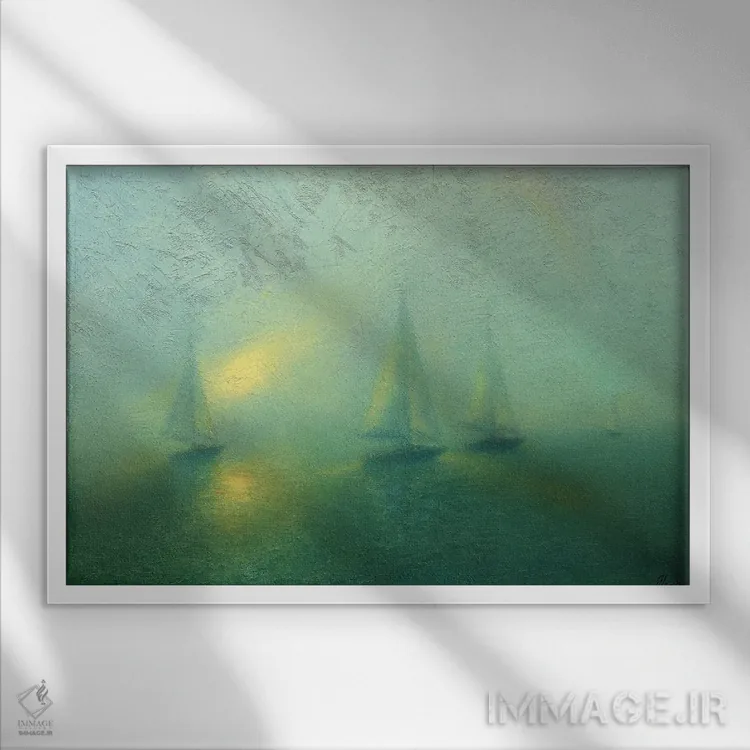 تابلو مسابقه قایقسواری مهآلود اثر دمیتری اولین - نمای قابدار سفید