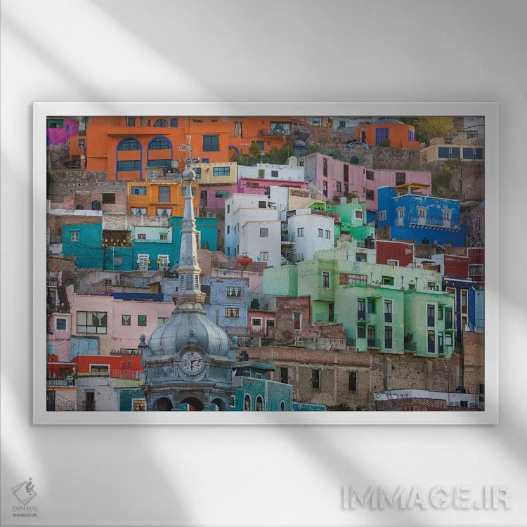 تابلو معماری با رنگهای زنده، گواناخواتو، مکزیک اثر دان پاولسون - نمای قابدار سفید