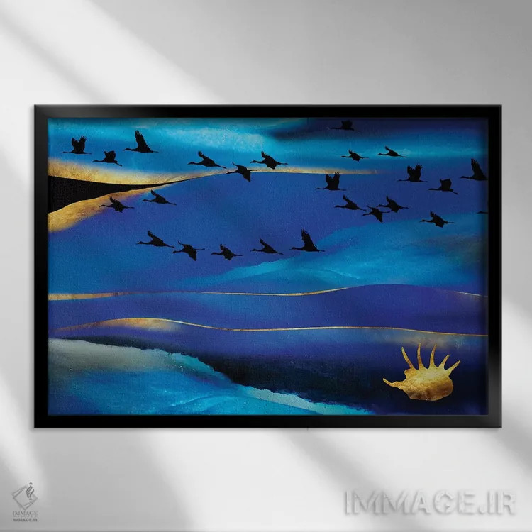 تابلو منظره دریایی با صدف طلایی اثر دافنه هوراِو - نمای قابدار مشکی