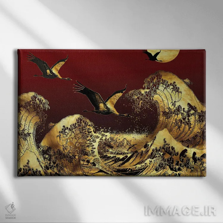 تابلو پرواز پایین بر موجهای طلایی اثر دافنه هوراِو - نمای روبهرو روی دیوار