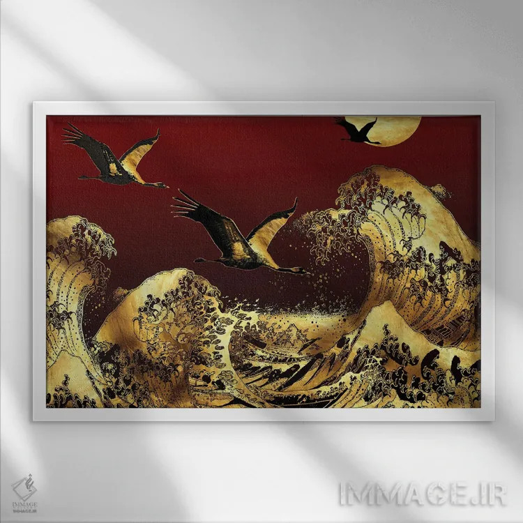 تابلو پرواز پایین بر موجهای طلایی اثر دافنه هوراِو - نمای قابدار سفید