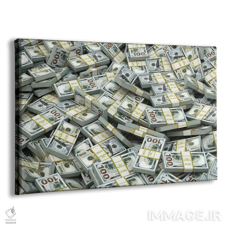 تابلو زمینهای با بستههای اسکناس دلار (پول فراوان) اثر مکسییوستاس - نمای پرسپکتیو محصول