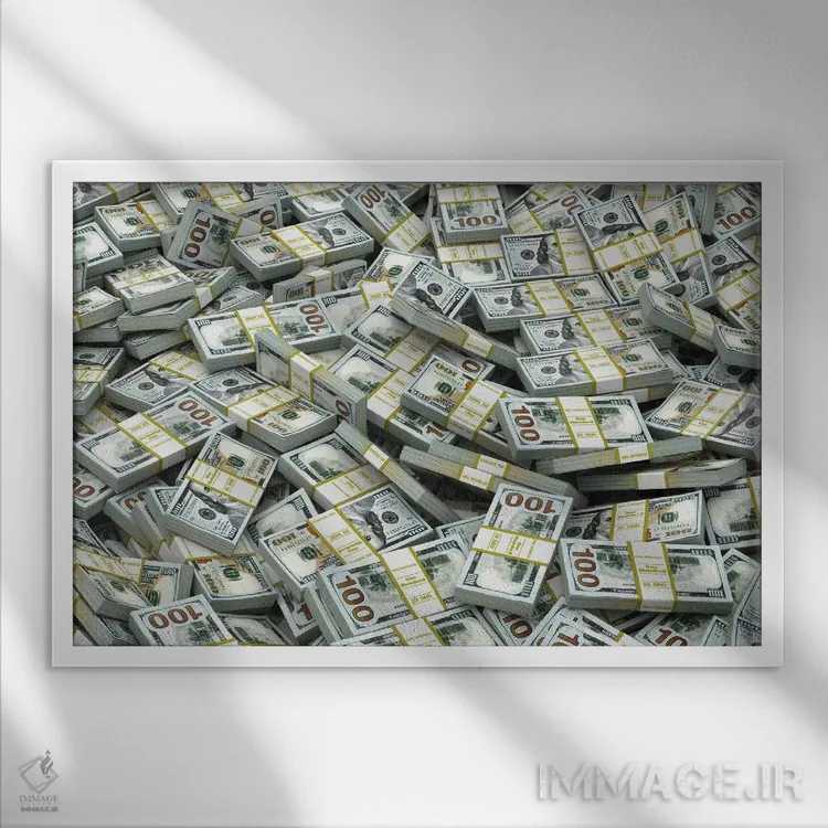 تابلو زمینهای با بستههای اسکناس دلار (پول فراوان) اثر مکسییوستاس - نمای قابدار سفید