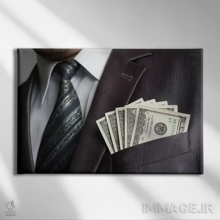 تابلو تاجر با پول در جیب پالتو اثر نومدسول۱ (نام مستعار هنری) - نمای روبهرو روی دیوار