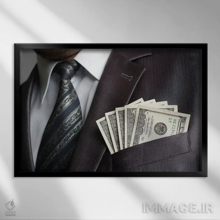 تابلو تاجر با پول در جیب پالتو اثر نومدسول۱ (نام مستعار هنری) - نمای قابدار مشکی