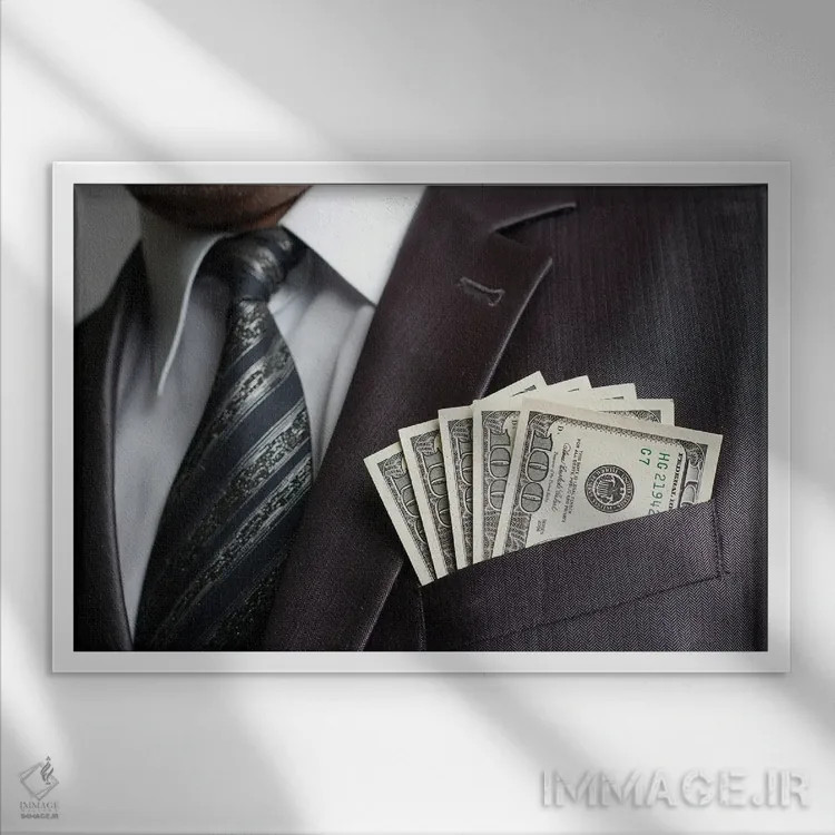 تابلو تاجر با پول در جیب پالتو اثر نومدسول۱ (نام مستعار هنری) - نمای قابدار سفید