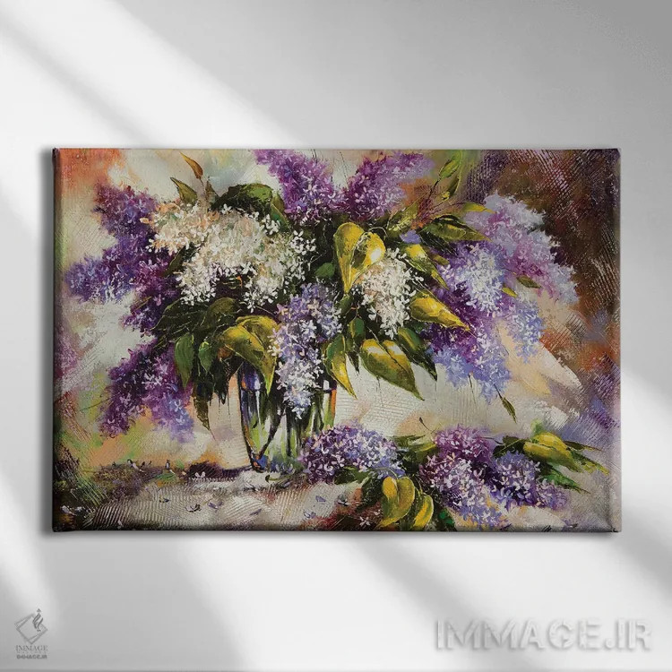 تابلو دسته گل یاس بنفش در گلدان اثر بالایکین - نمای روبهرو روی دیوار